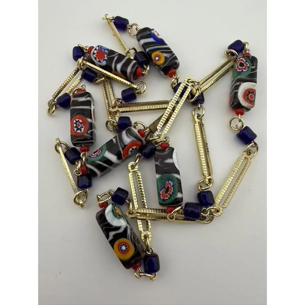 Art Deco Millefiori-Murano Glass Tube Bead Necklace| Gold Bar | Colorful - Picture 2 of 9